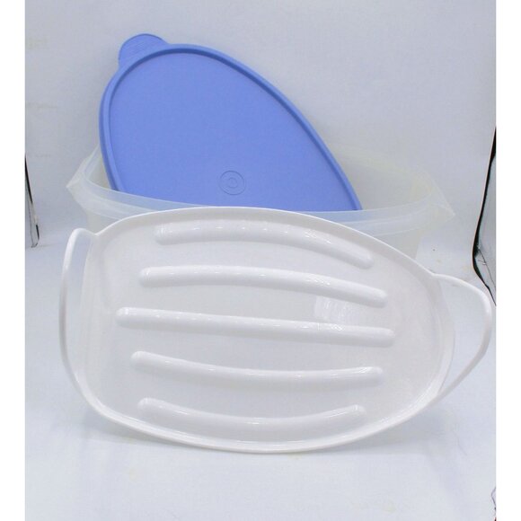 Tupperware Ham /Turkey Flavor Saver 3 Pc Set With White Drip Tray Blue Lid - Picture 4 of 4